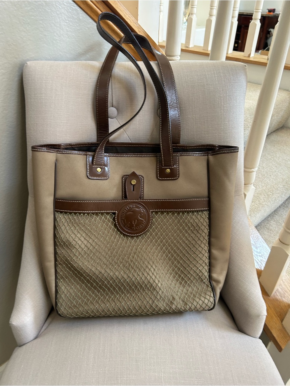 Hunting World Canvas Messenger Tote with Brown Leather Trim